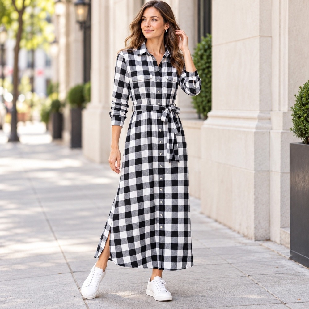 Lauren Ralph Lauren Buffalo Plaid Cotton Shirt Dress Black White 6 Preppy Midi - Picture 5 of 14